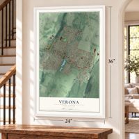 Verona, New Jersey map, 24 x 36 inch print in a white frame by a staircase