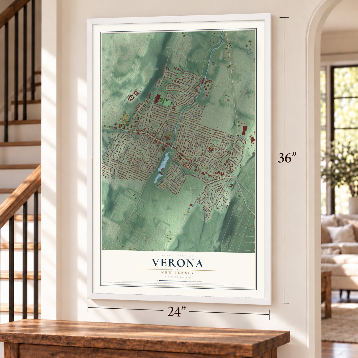 Verona, New Jersey map, 24 x 36 inch print in a white frame by a staircase
