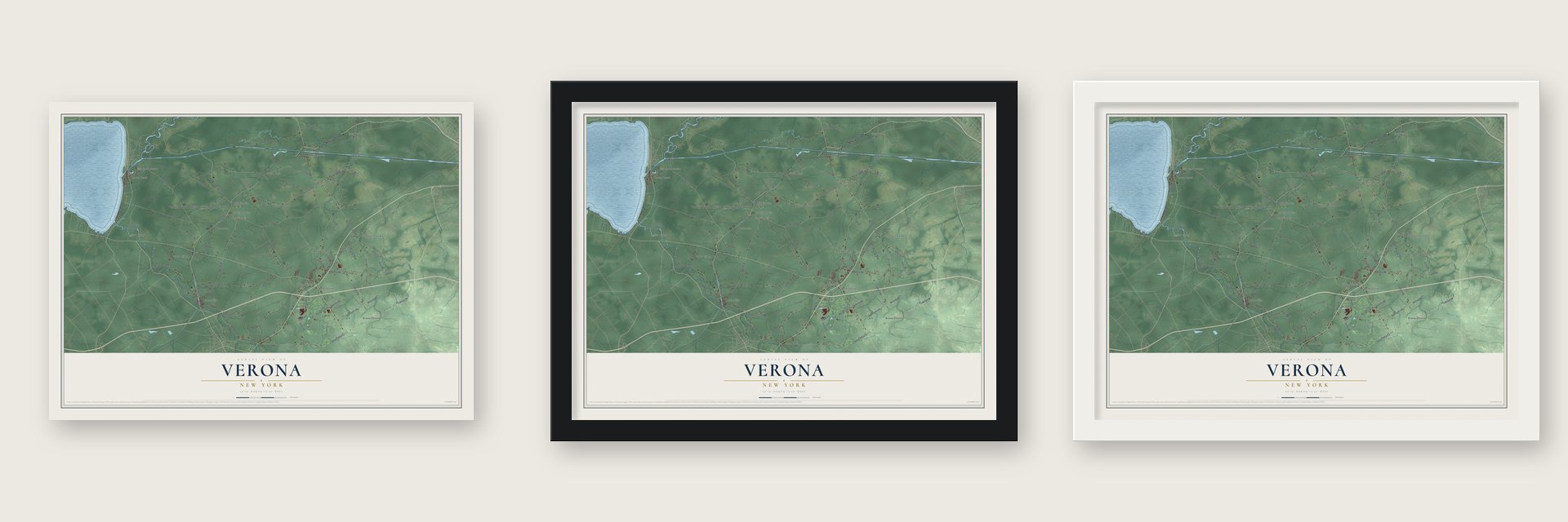 Verona, New York map unframed, in a black wood frame and in a white wood frame