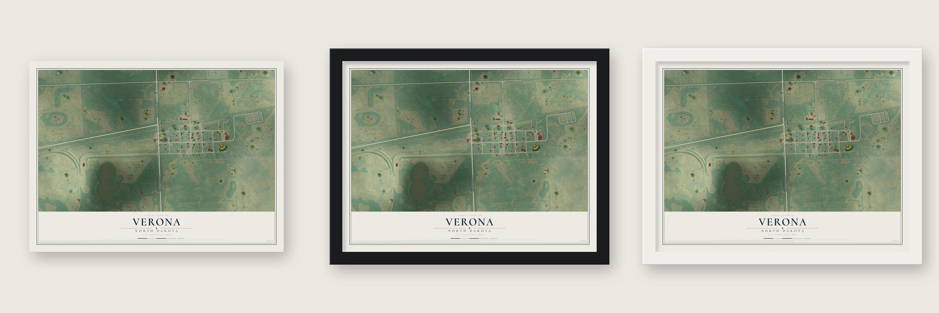Verona, North Dakota map unframed, in a black wood frame and in a white wood frame