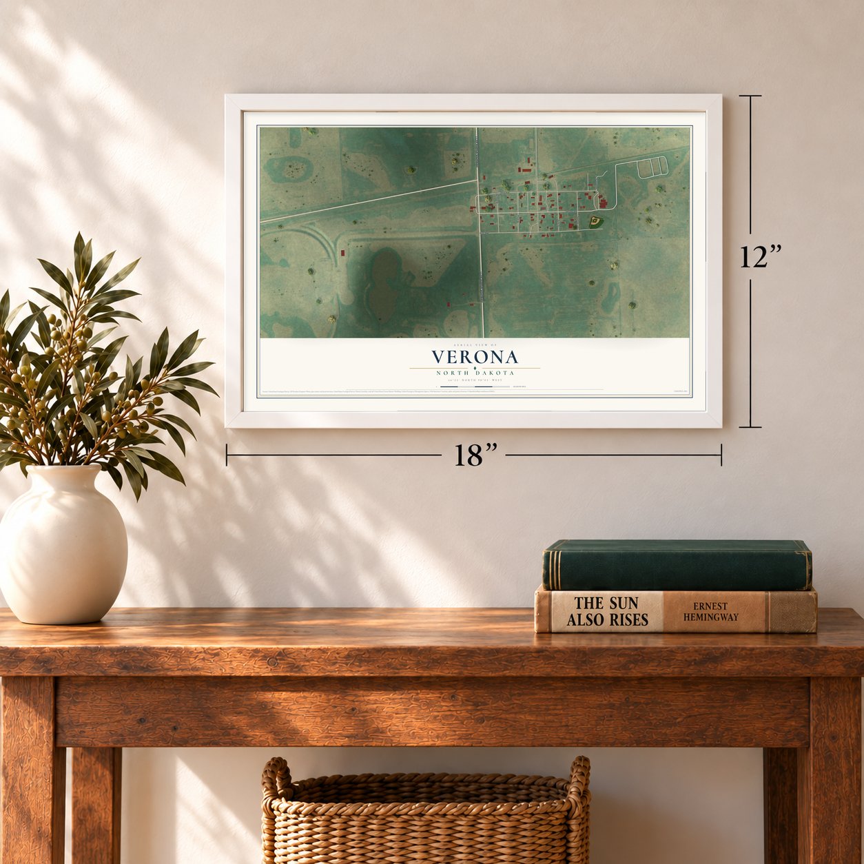 Verona, North Dakota map, 12 x 18 inch print in a white frame in an entryway