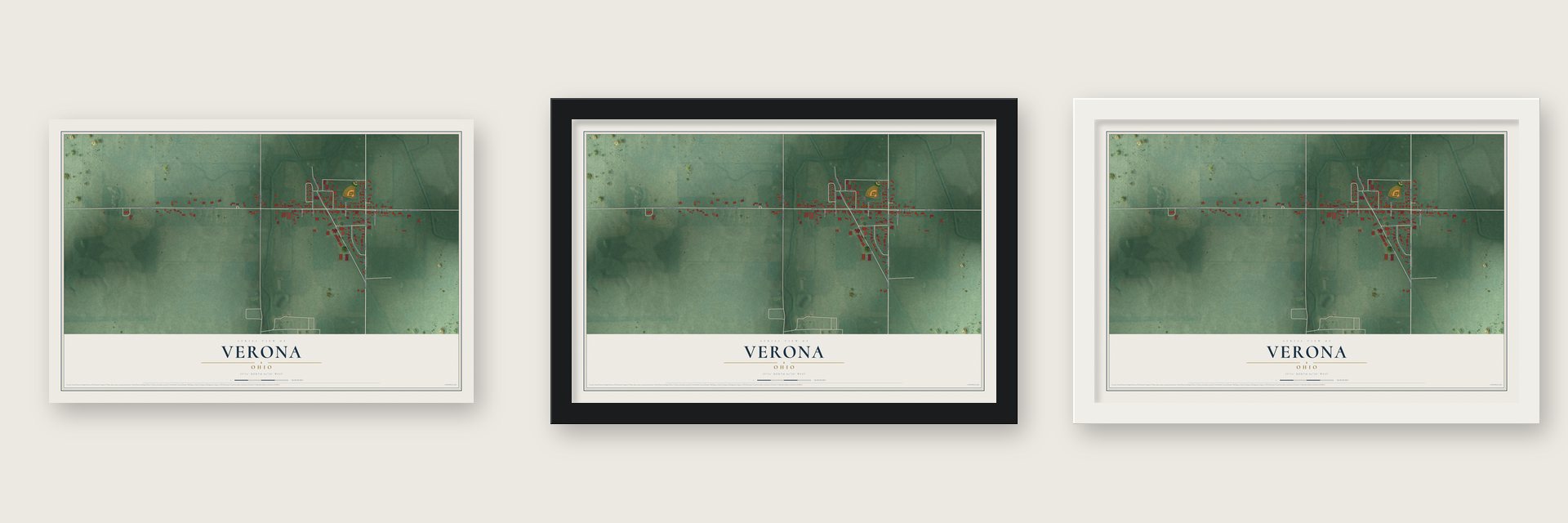 Verona, Ohio map unframed, in a black wood frame and in a white wood frame
