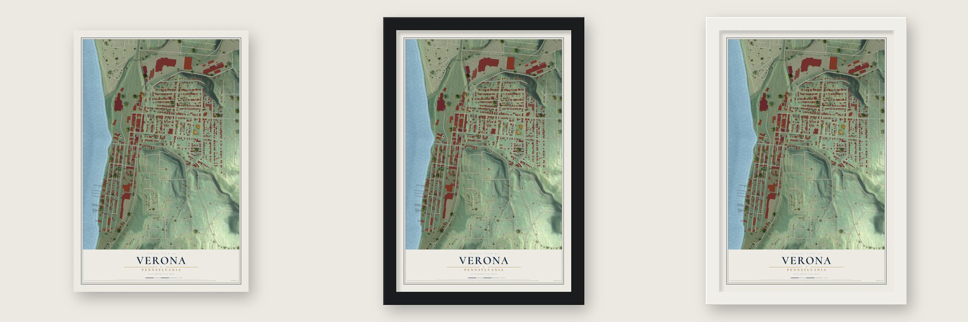 Verona, Pennsylvania map unframed, in a black wood frame and in a white wood frame