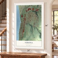 Verona, Pennsylvania map, 24 x 36 inch print in a white frame by a staircase