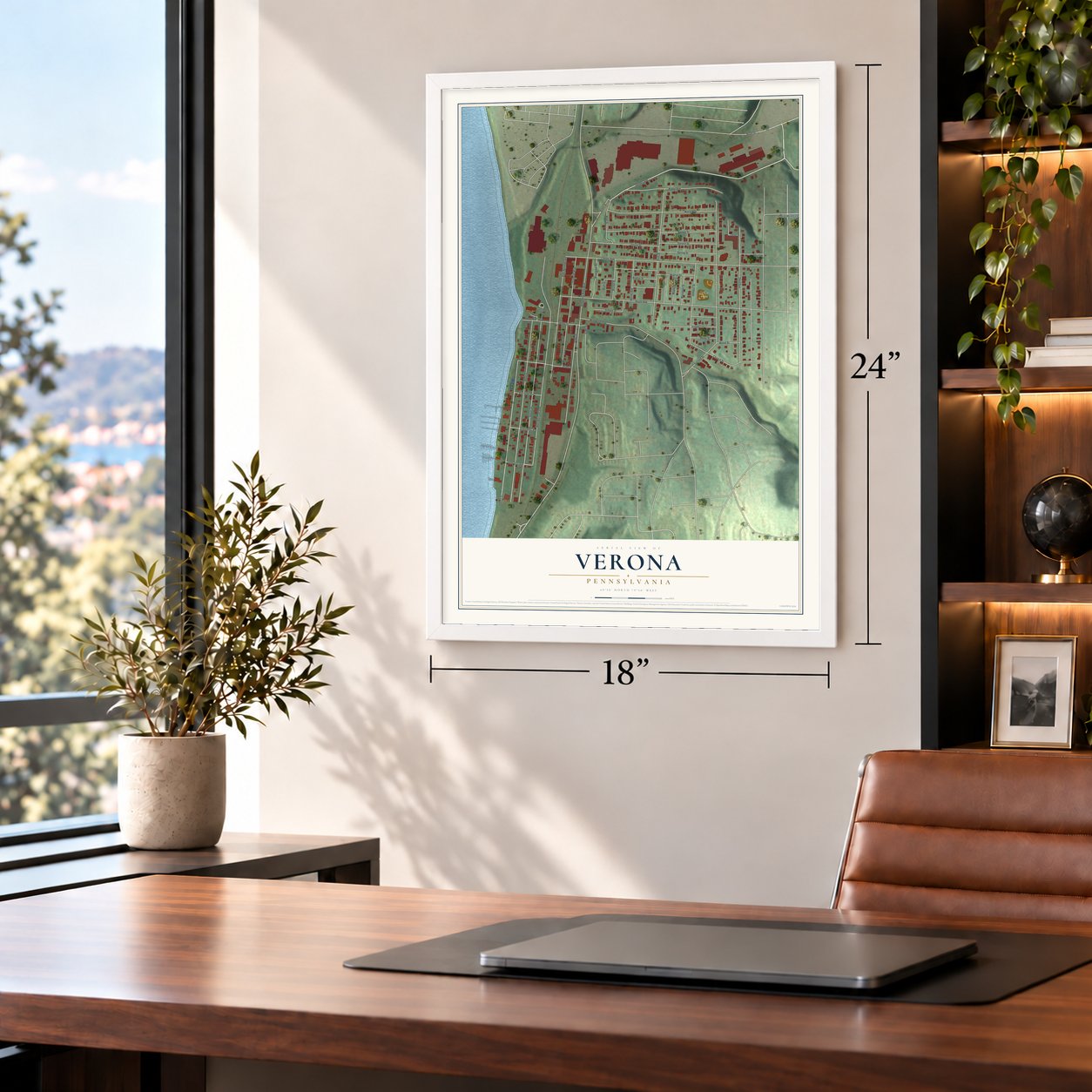 Verona, Pennsylvania map, 18 x 24 inch print in a white frame in a home office