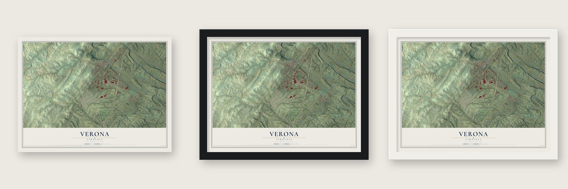 Verona, Virginia map unframed, in a black wood frame and in a white wood frame
