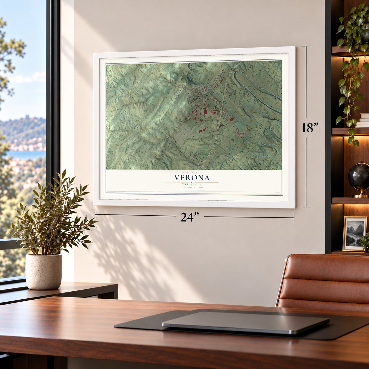 Verona, Virginia map, 18 x 24 inch print in a white frame in a home office
