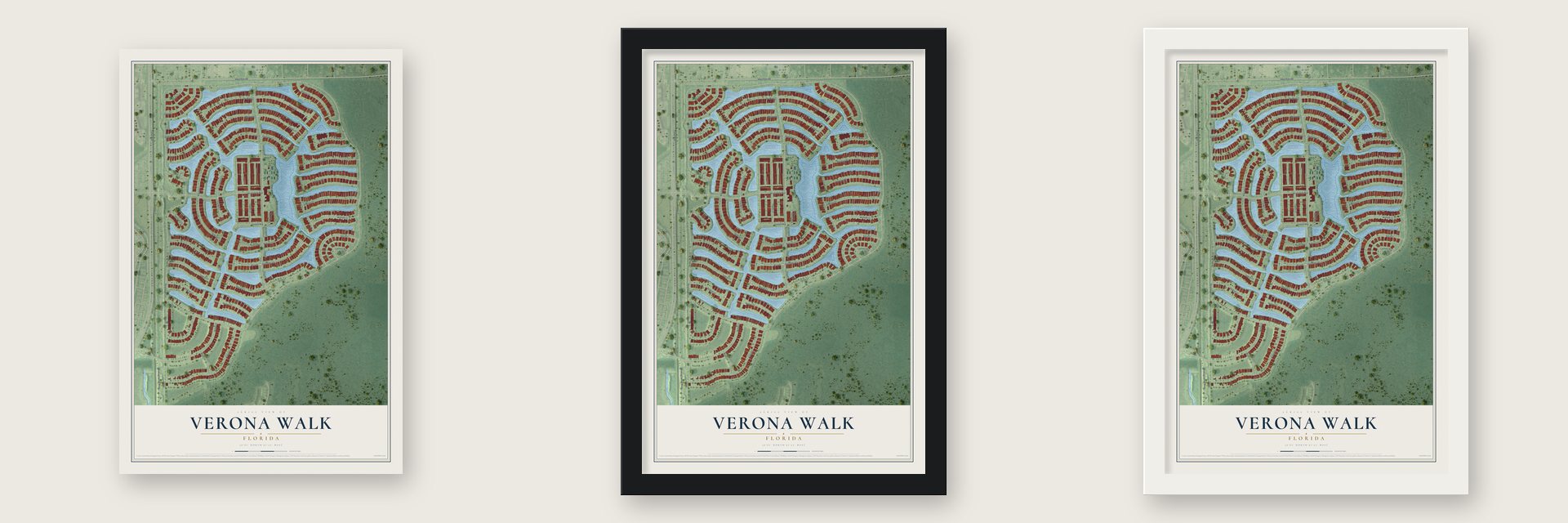 Verona Walk, Florida map unframed, in a black wood frame and in a white wood frame