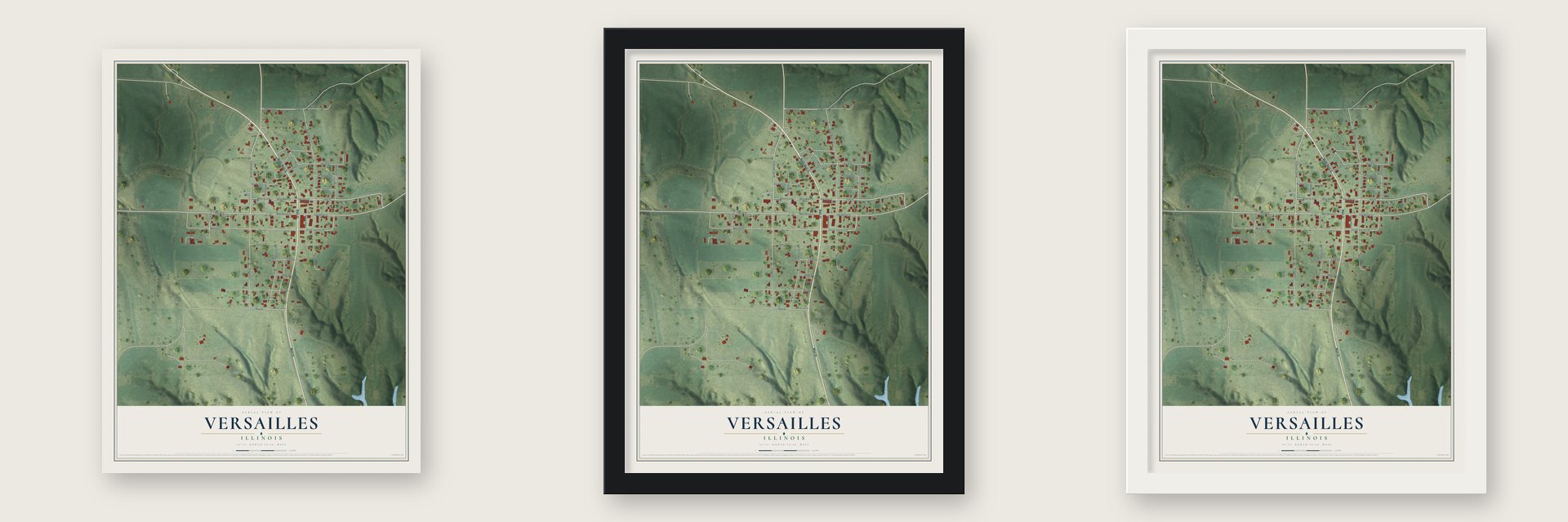 Versailles, Illinois map unframed, in a black wood frame and in a white wood frame