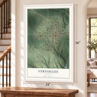 Versailles, Illinois map, 24 x 36 inch print in a white frame by a staircase