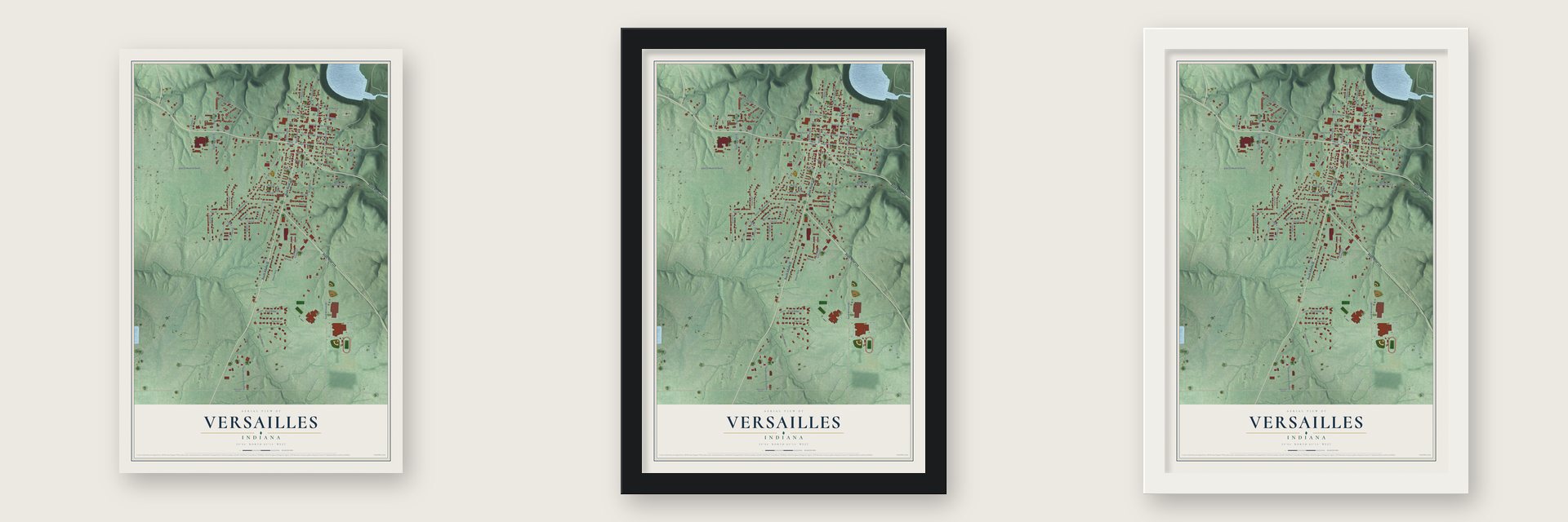Versailles, Indiana map unframed, in a black wood frame and in a white wood frame