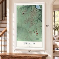 Versailles, Indiana map, 24 x 36 inch print in a white frame by a staircase
