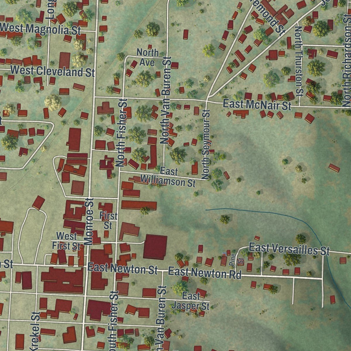 Second close-up of the map of Versailles, Missouri print showing more streets and buildings