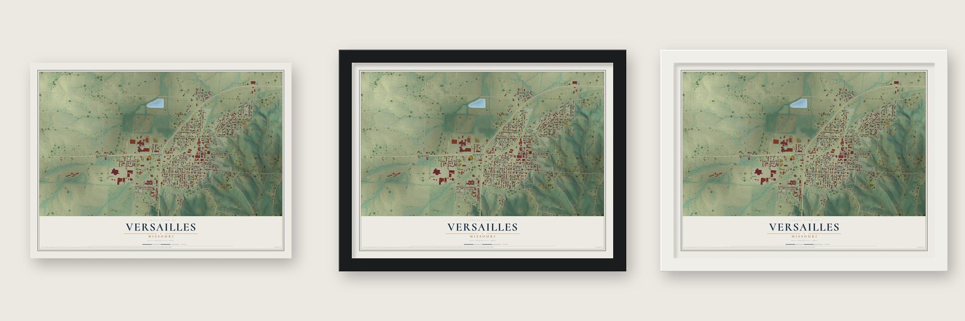 Versailles, Missouri map unframed, in a black wood frame and in a white wood frame
