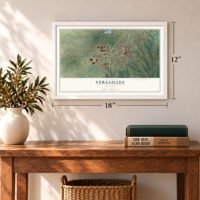 Versailles, Missouri map, 12 x 18 inch print in a white frame in an entryway