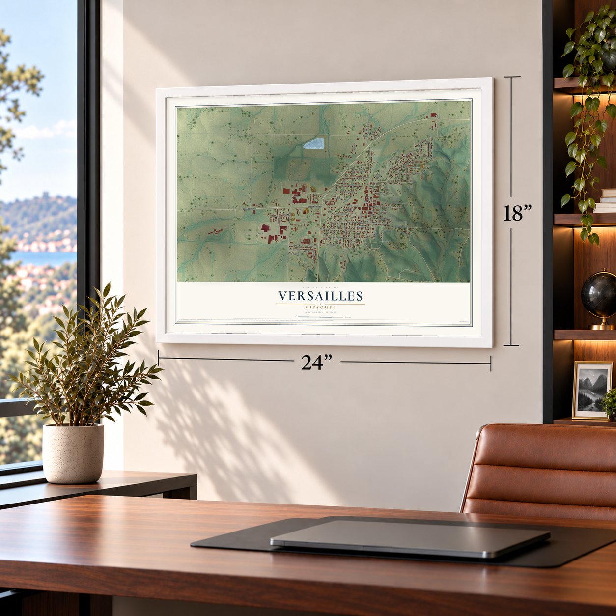 Versailles, Missouri map, 18 x 24 inch print in a white frame in a home office