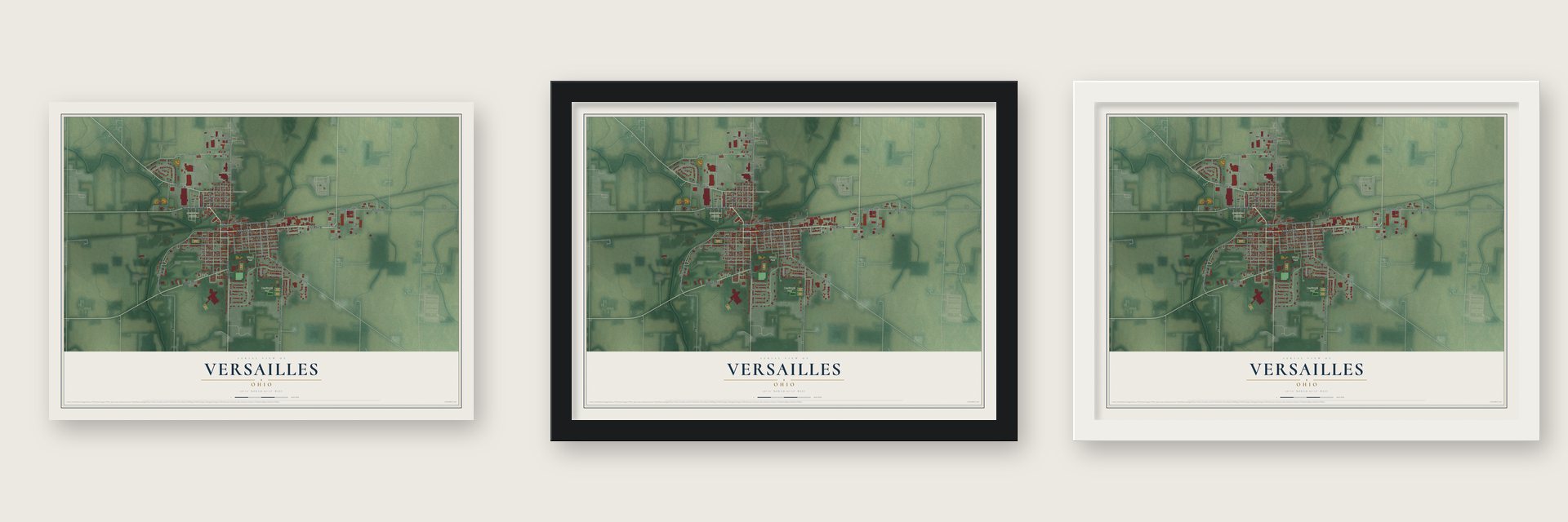Versailles, Ohio map unframed, in a black wood frame and in a white wood frame
