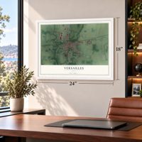 Versailles, Ohio map, 18 x 24 inch print in a white frame in a home office