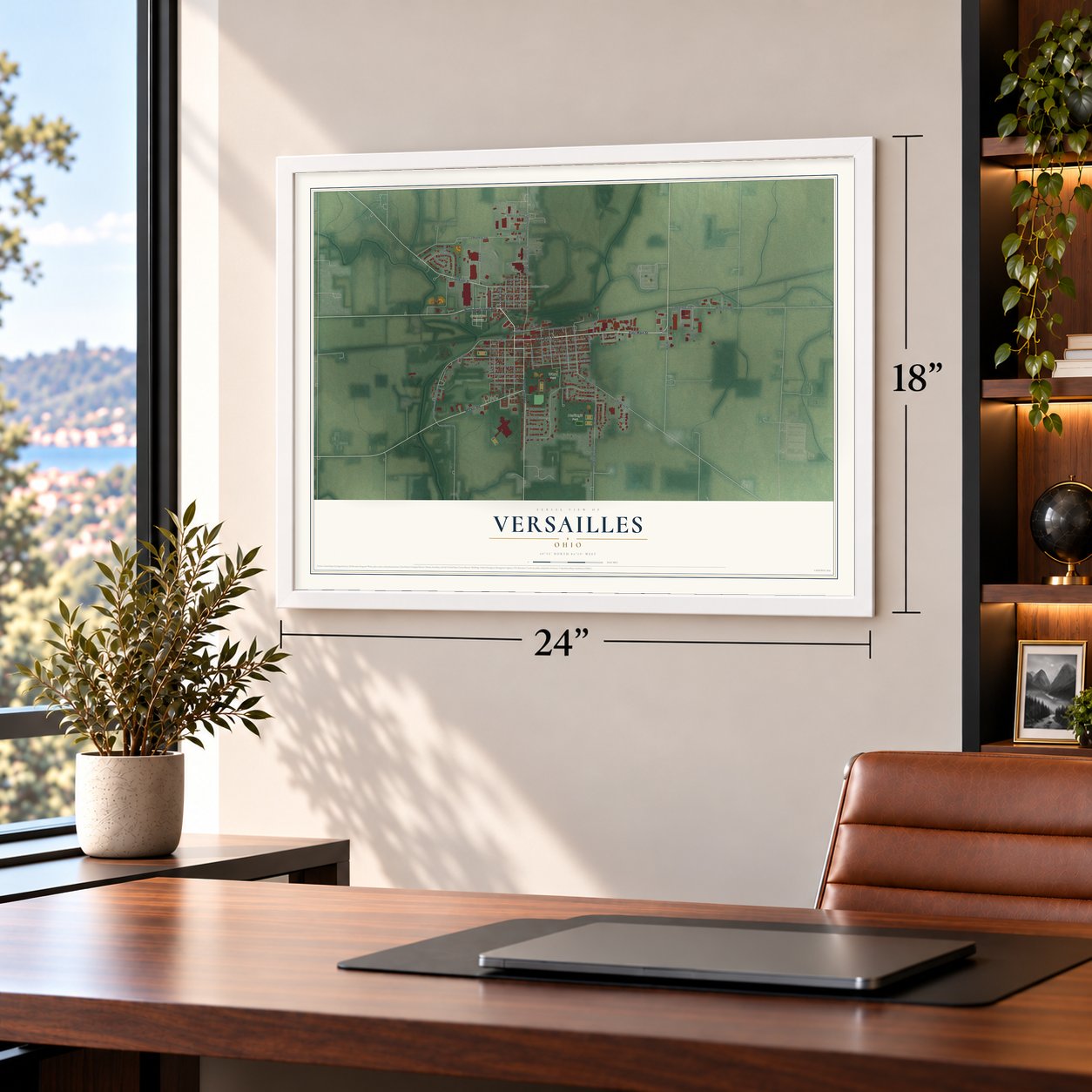Versailles, Ohio map, 18 x 24 inch print in a white frame in a home office