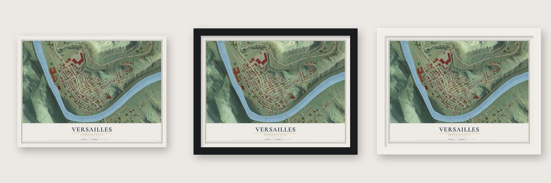 Versailles, Pennsylvania map unframed, in a black wood frame and in a white wood frame