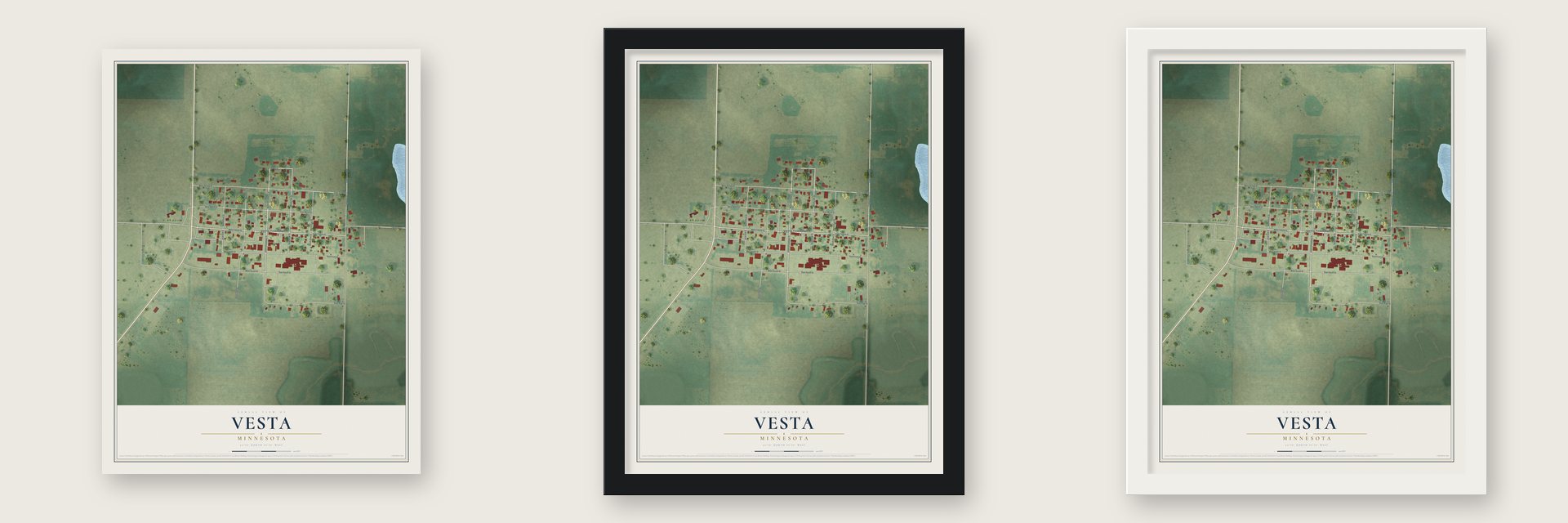 Vesta, Minnesota map unframed, in a black wood frame and in a white wood frame