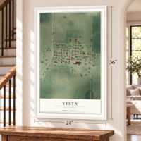 Vesta, Minnesota map, 24 x 36 inch print in a white frame by a staircase