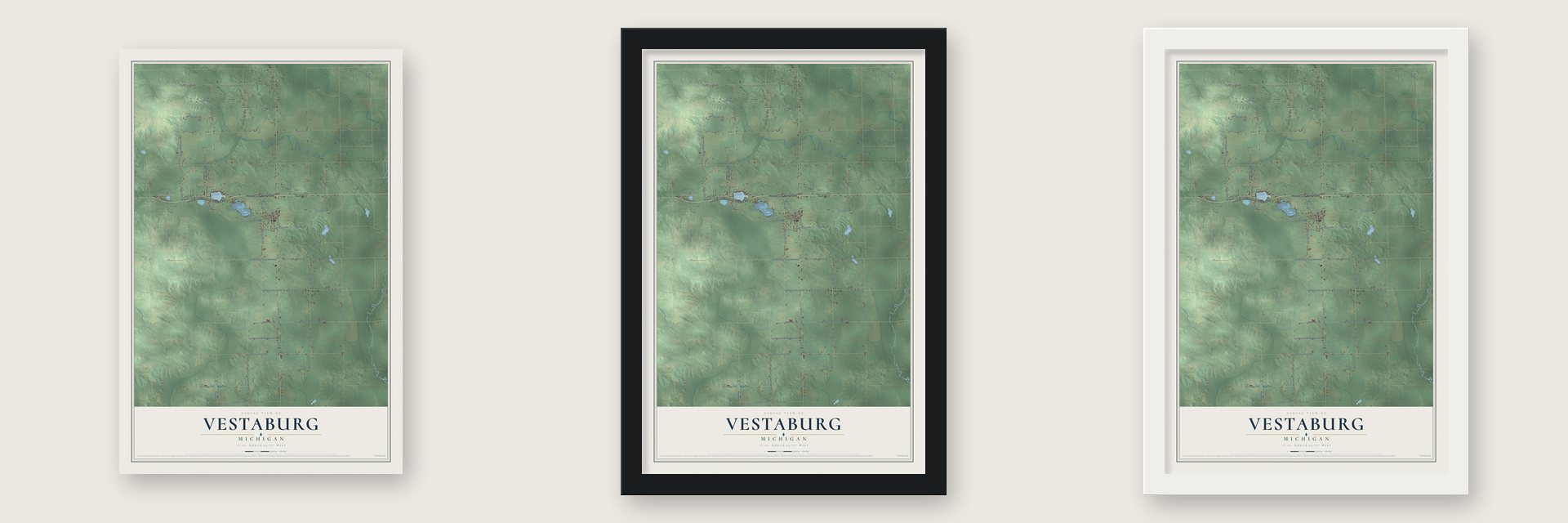 Vestaburg, Michigan map unframed, in a black wood frame and in a white wood frame