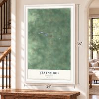 Vestaburg, Michigan map, 24 x 36 inch print in a white frame by a staircase