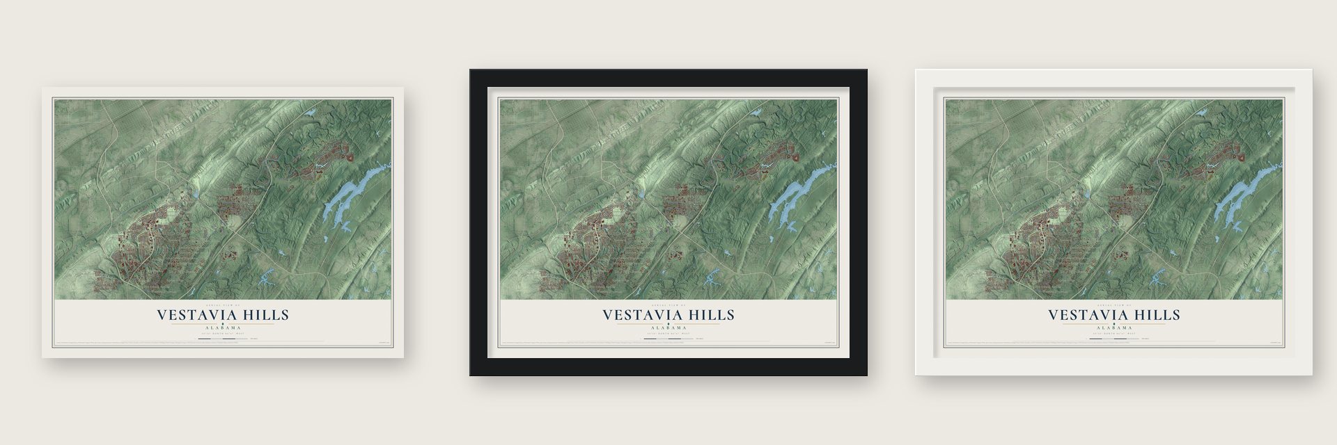 Vestavia Hills, Alabama map unframed, in a black wood frame and in a white wood frame