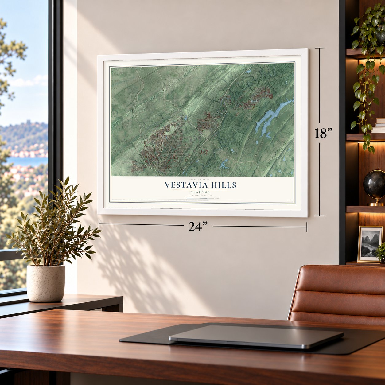 Vestavia Hills, Alabama map, 18 x 24 inch print in a white frame in a home office