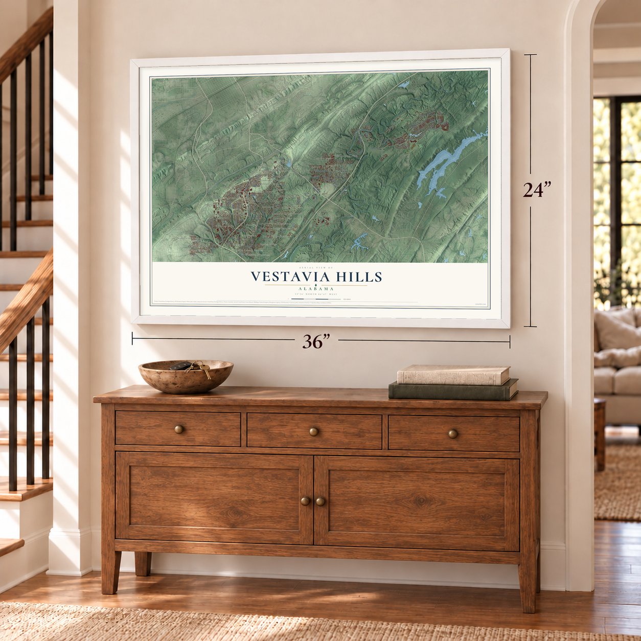 Vestavia Hills, Alabama map, 24 x 36 inch print in a white frame above a dresser by a staircase