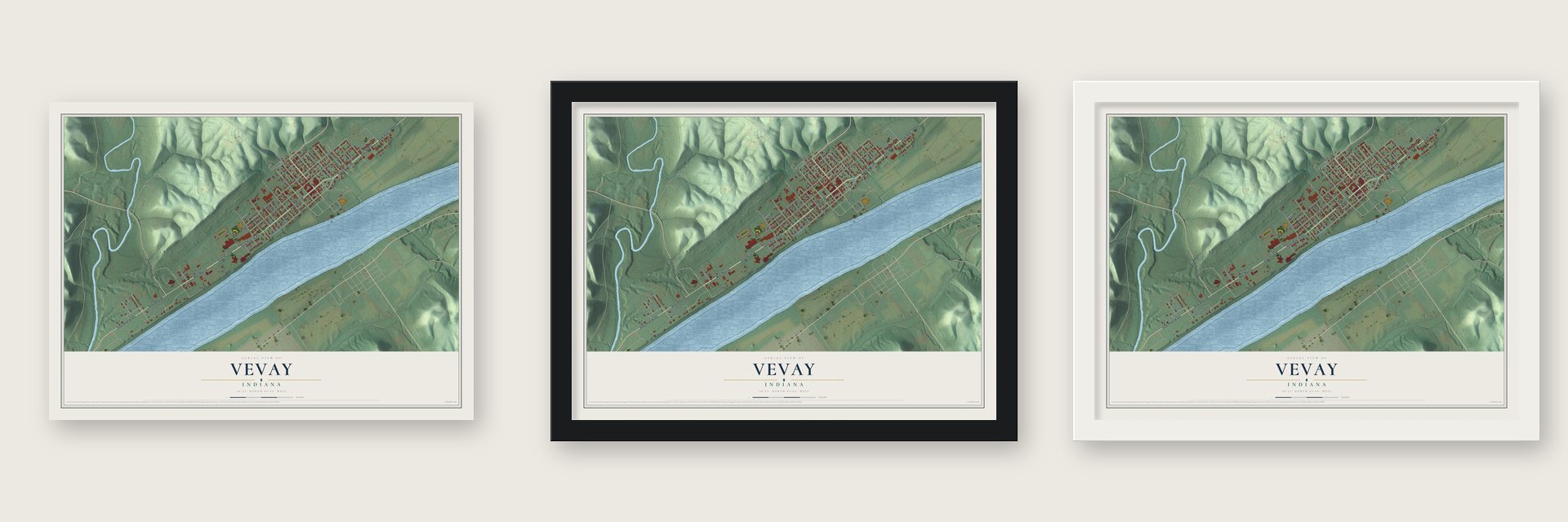 Vevay, Indiana map unframed, in a black wood frame and in a white wood frame