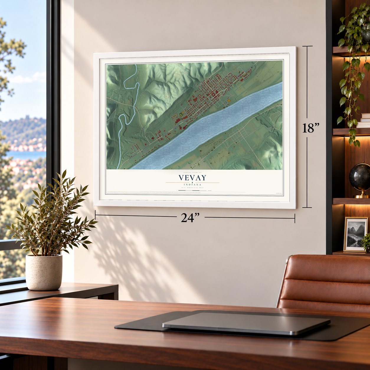 Vevay, Indiana map, 18 x 24 inch print in a white frame in a home office