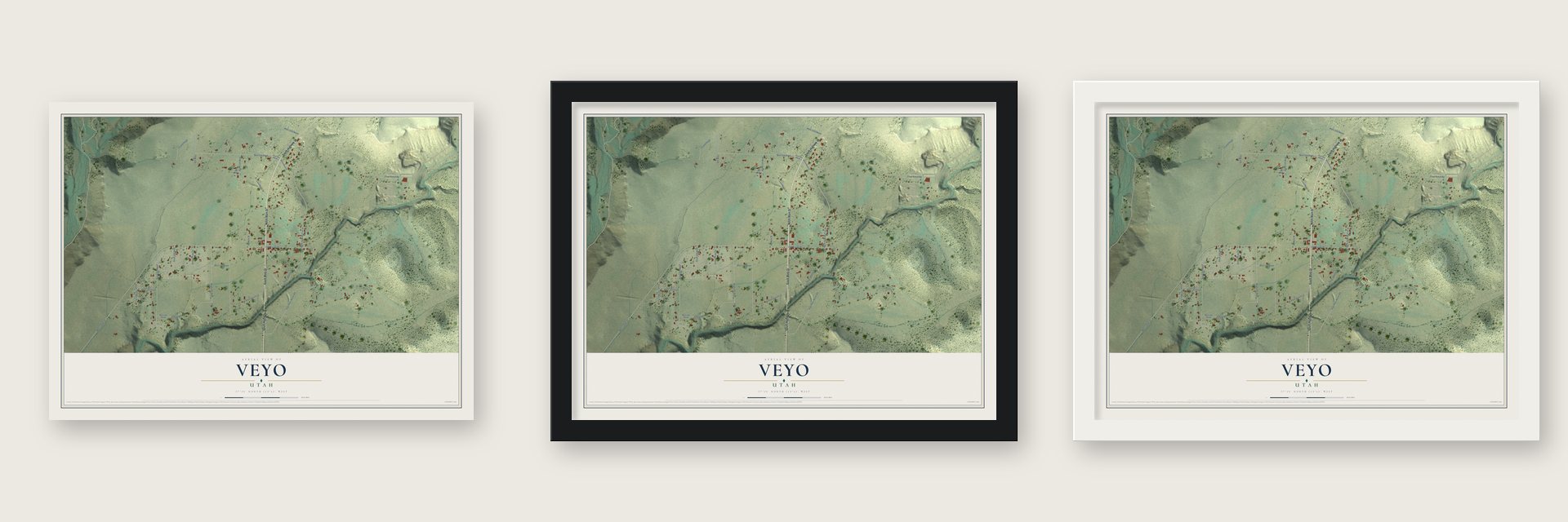 Veyo, Utah map unframed, in a black wood frame and in a white wood frame