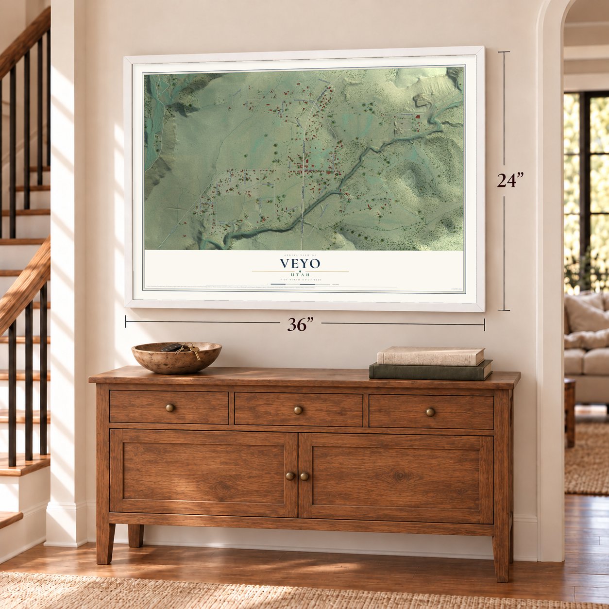 Veyo, Utah map, 24 x 36 inch print in a white frame above a dresser by a staircase