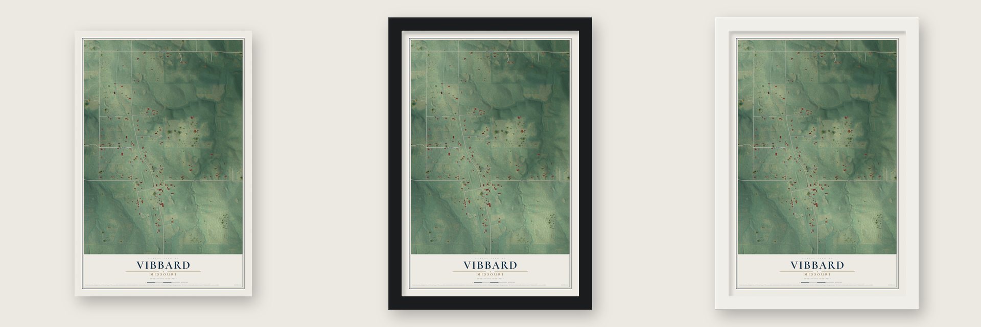 Vibbard, Missouri map unframed, in a black wood frame and in a white wood frame