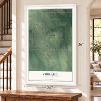 Vibbard, Missouri map, 24 x 36 inch print in a white frame by a staircase