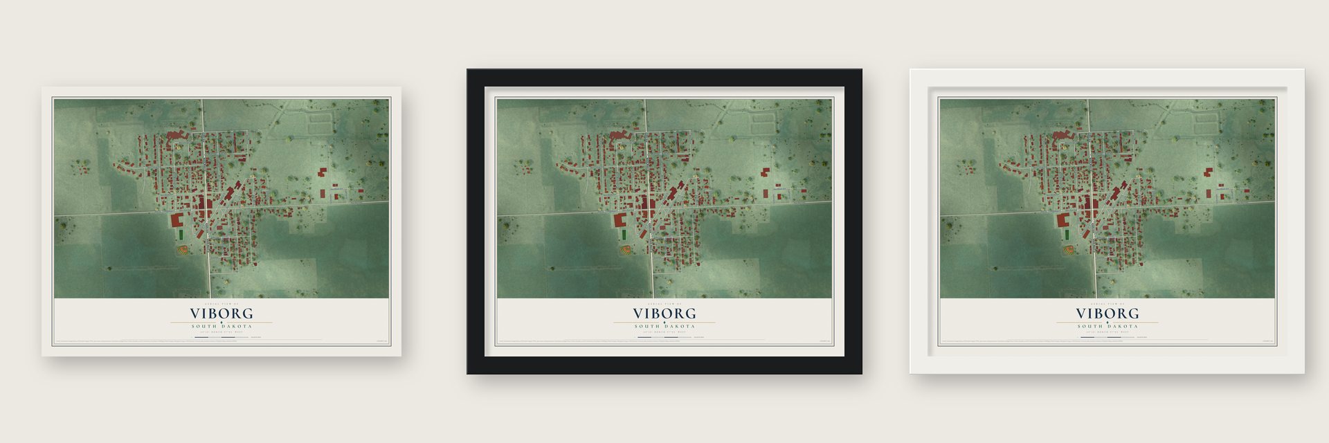 Viborg, South Dakota map unframed, in a black wood frame and in a white wood frame