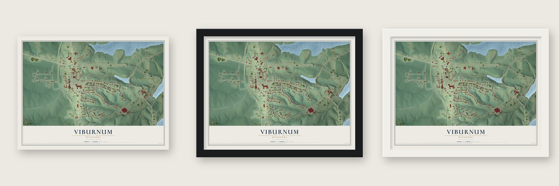 Viburnum, Missouri map unframed, in a black wood frame and in a white wood frame