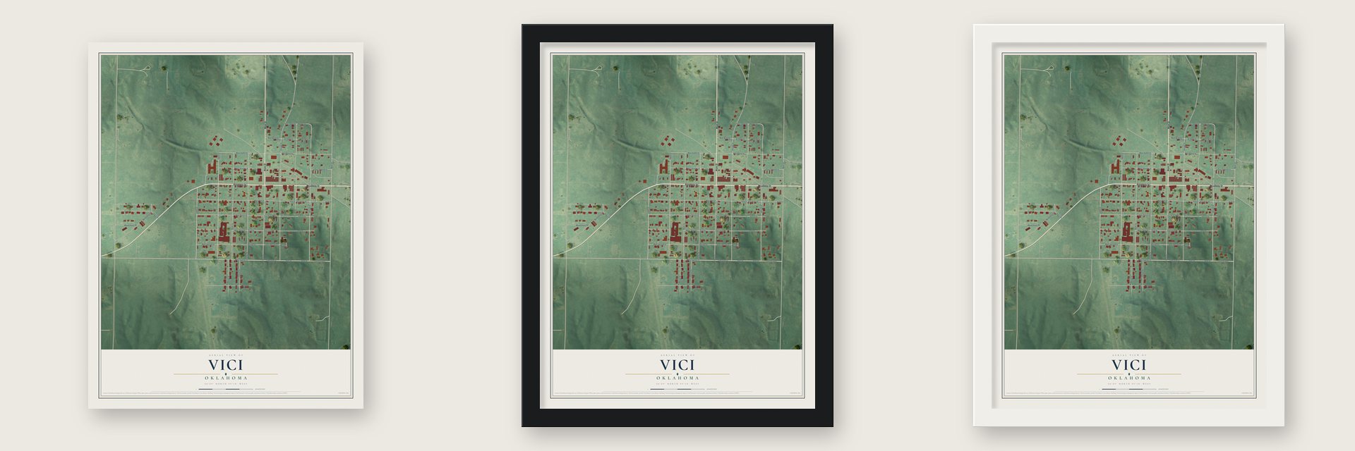 Vici, Oklahoma map unframed, in a black wood frame and in a white wood frame