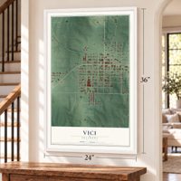 Vici, Oklahoma map, 24 x 36 inch print in a white frame by a staircase
