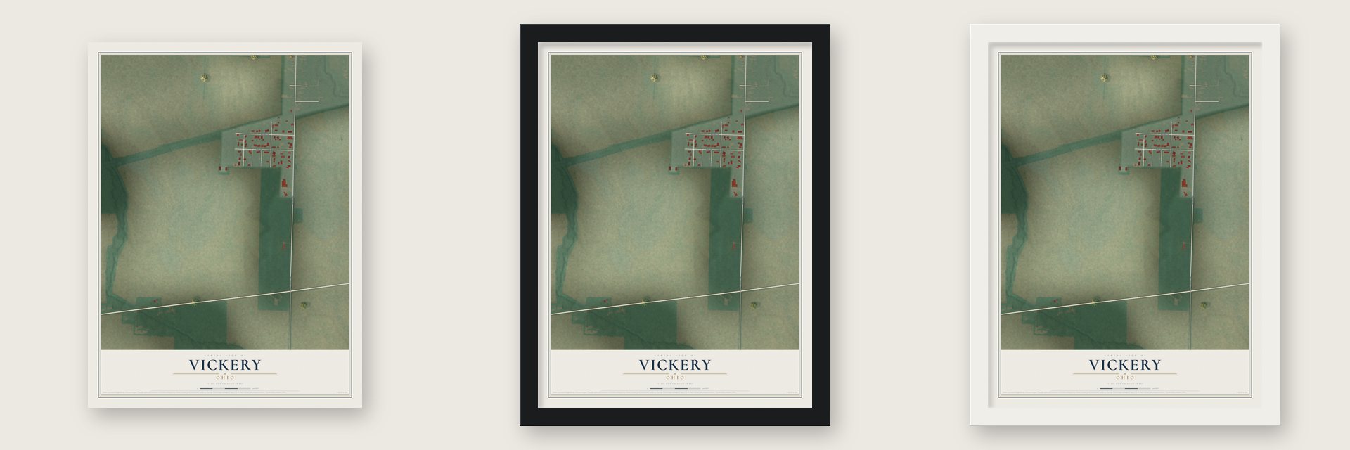 Vickery, Ohio map unframed, in a black wood frame and in a white wood frame