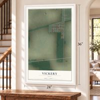 Vickery, Ohio map, 24 x 36 inch print in a white frame by a staircase