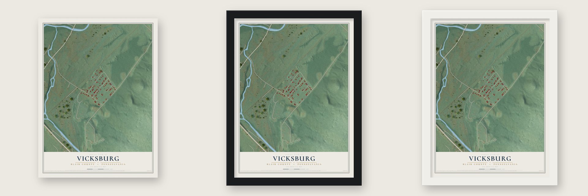 Vicksburg, Blair County, Pennsylvania map unframed, in a black wood frame and in a white wood frame