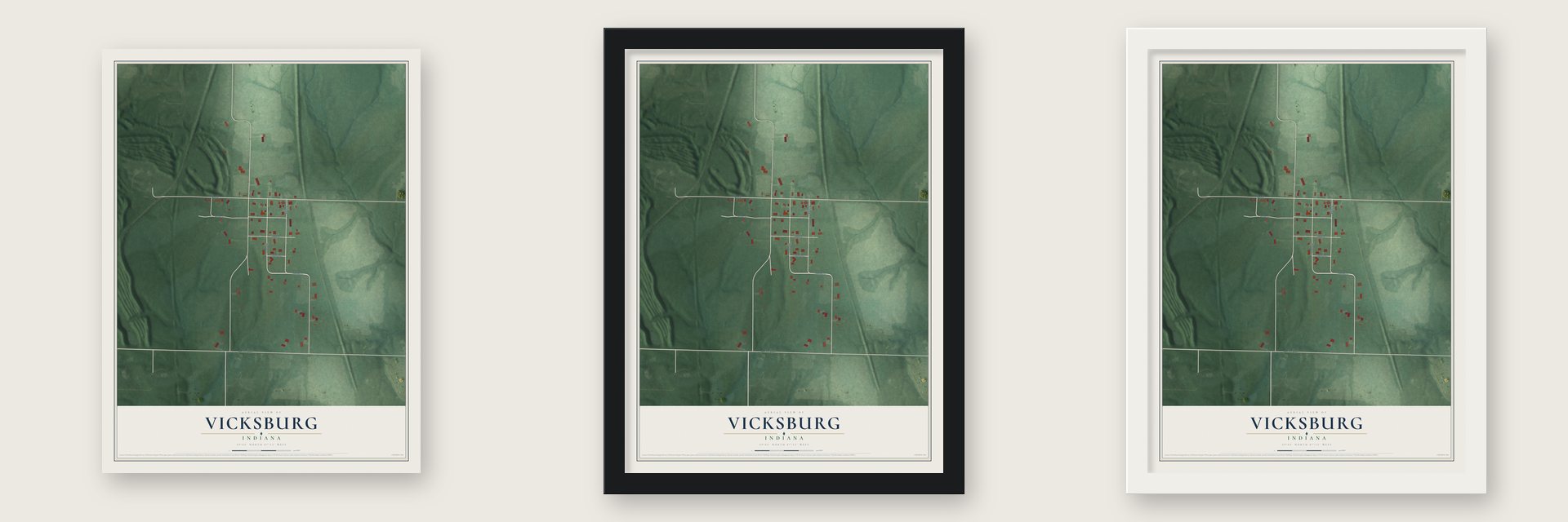 Vicksburg, Indiana map unframed, in a black wood frame and in a white wood frame