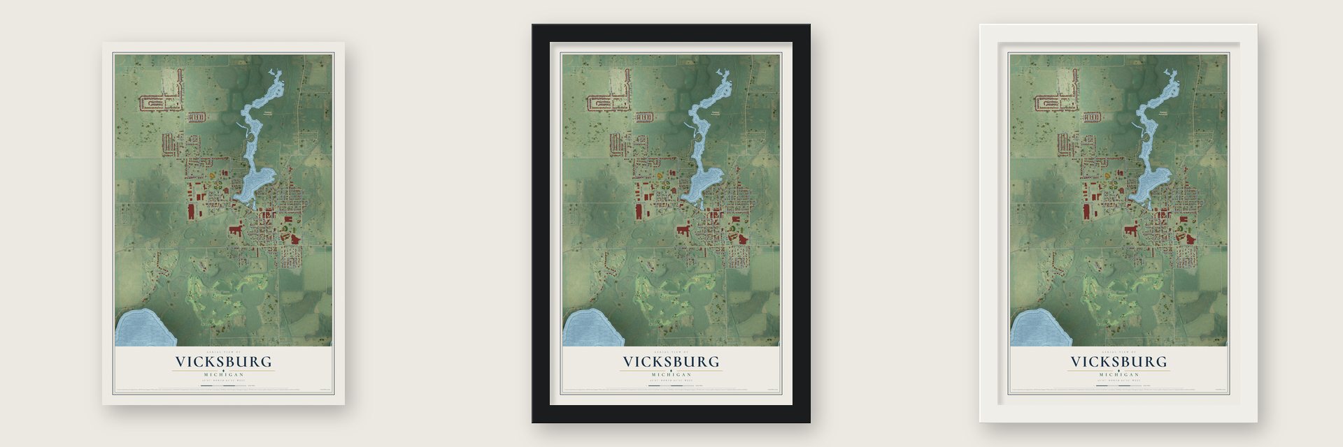 Vicksburg, Michigan map unframed, in a black wood frame and in a white wood frame