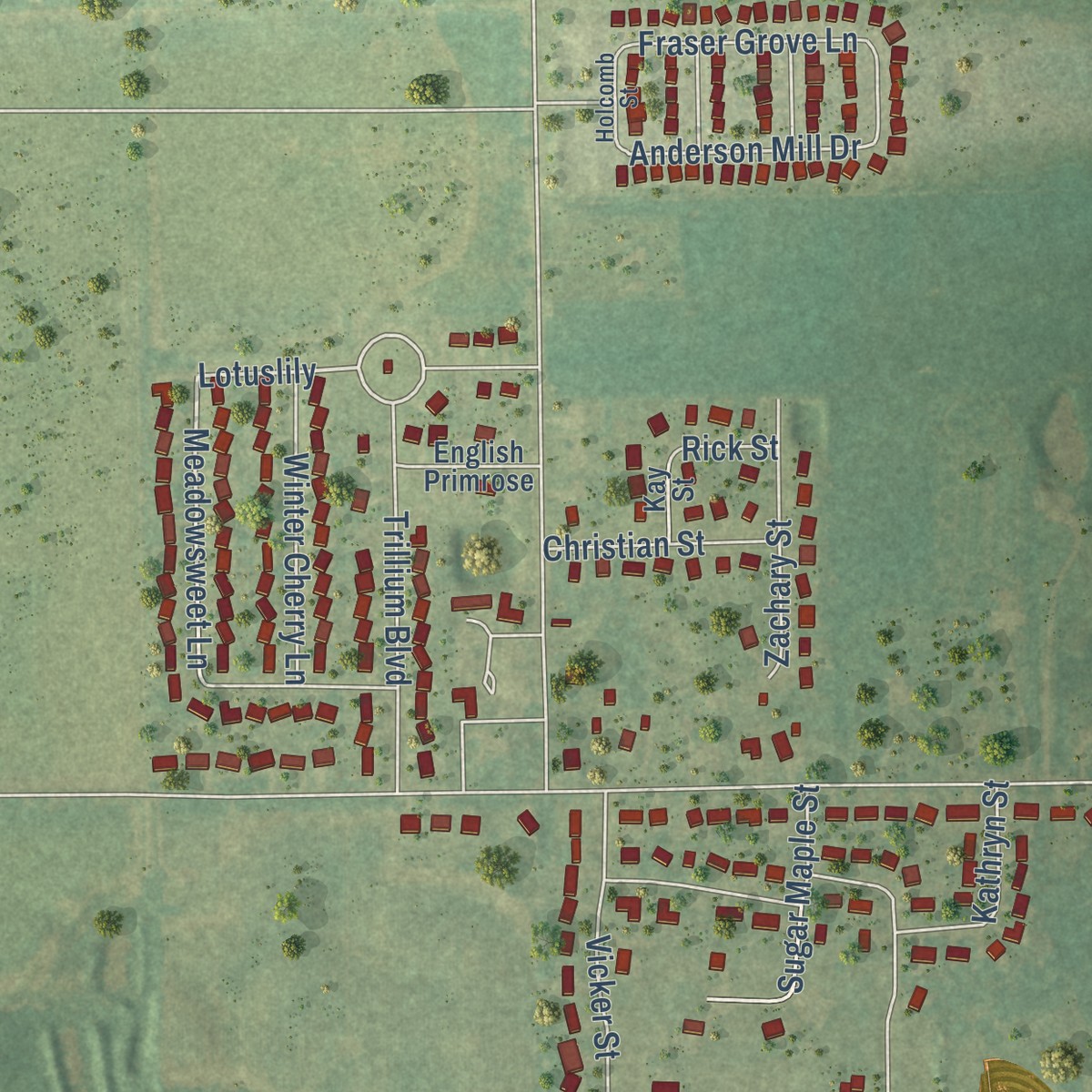 Second close-up of the map of Vicksburg, Michigan print showing more streets and buildings
