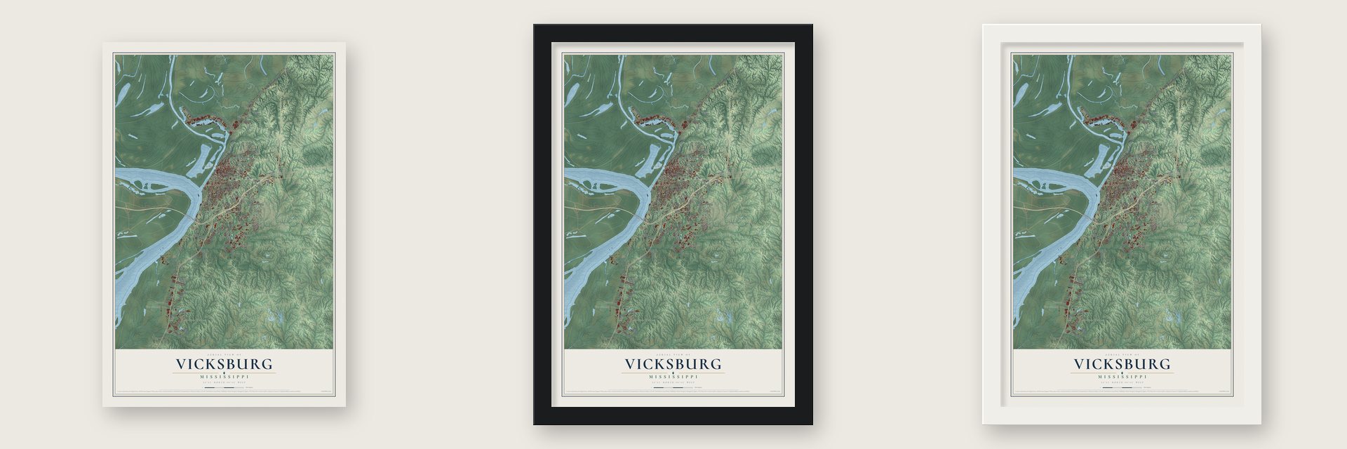 Vicksburg, Mississippi map unframed, in a black wood frame and in a white wood frame
