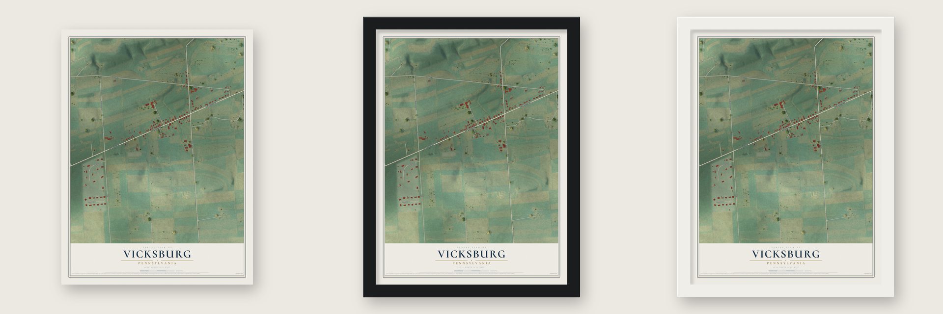 Vicksburg, Pennsylvania map unframed, in a black wood frame and in a white wood frame