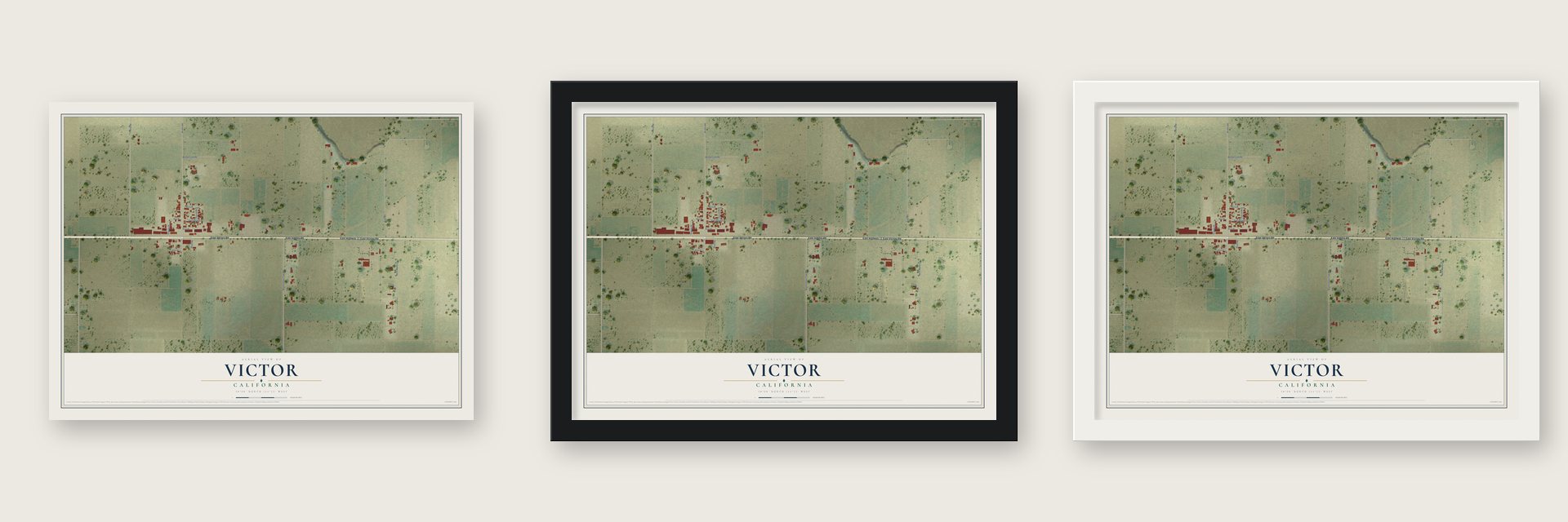 Victor, California map unframed, in a black wood frame and in a white wood frame